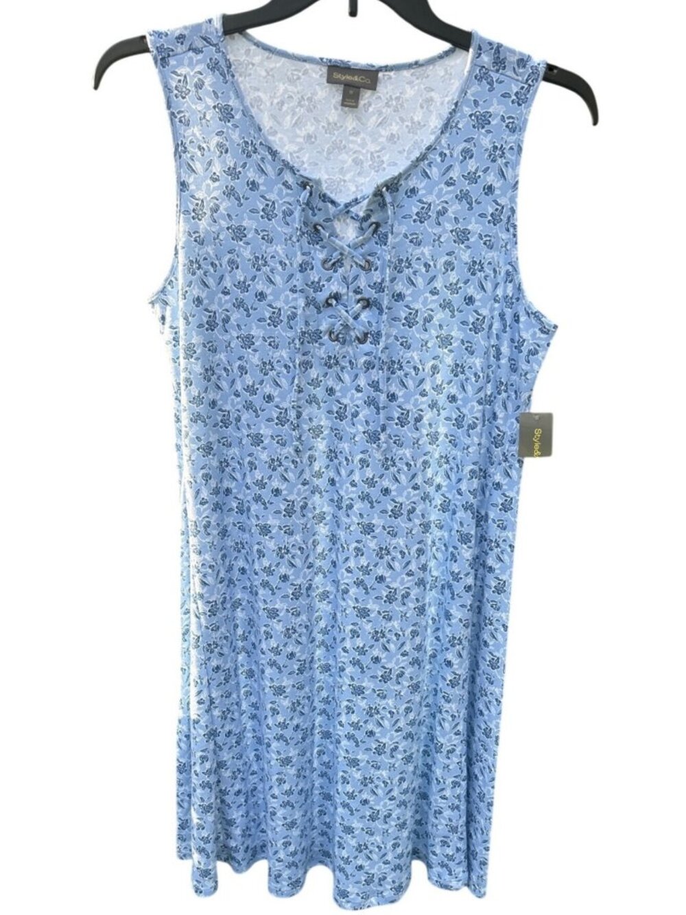 Style & Co Womens Size 1X Blue Floral Sleeveless Flip Flop Dress Lace-Up Necklin